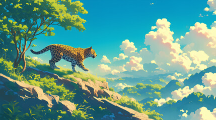 cool jaguar in the forest background illustration