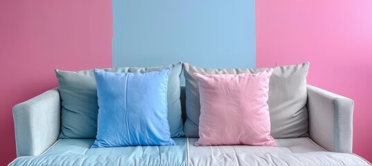 Vantage and modern decor styles for bedding and sofa cushions on pastel background with copy space