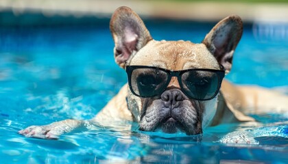 A funny pet dog in sunglasses is lying in the pool. A cute dog is swimming in the hotel pool. The theme of rest, Weekend, vacation, vacation. A postcard with a place for the text.
