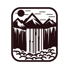 Rectangle Vintage Retro Mountain Waterfall for Adventure Illustration Design