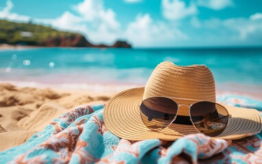 Straw Hat and Sunglasses Resting on a Beach Towel - Summer, Relaxation, Vacation.
