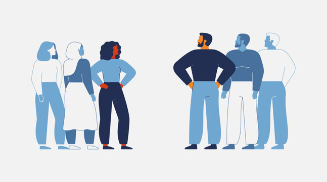 Gender confrontation, conflicts, disagreements. Men and women stand face to face. Equality and equitable between male and female. Business and social concept. Flat vector illustration