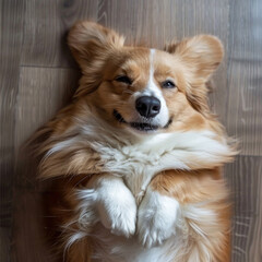 Dog, portrait and floor relax or pet in home for weekend rest from above or peaceful animal, calm or paws. Corgi, canine and top view in apartment for healthy care or companion, insurance or lazy