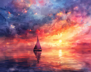 Oil Paint Sunset Calm Sea Wall Art Generated by AI - obrazy, fototapety, plakaty