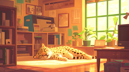 relax cute jaguar. jaguar sleeping at home illustration background