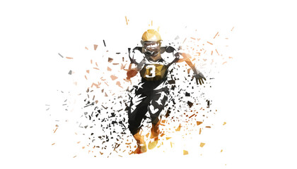 American football player, isolated low poly vector illustration with shatter effect. Running football quarterback, front view - obrazy, fototapety, plakaty