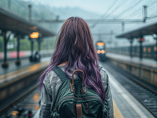 young girl with purple hair with a backpack seen from behind on the platform of a train station on a rainy overcast cloudy day - obrazy, fototapety, plakaty