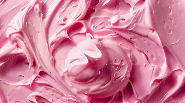 Top-view photograph captures the exquisite details of pink cream, showcasing its delicate texture and vibrant hue.This close-up image invites viewers to admire the creamy richness and subtle sweetness