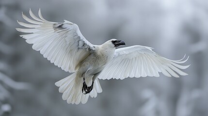 Obraz premium white crow in flight in the winter forest. 
