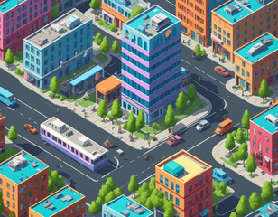 Isometric Urban Scene with Buildings and Tram
