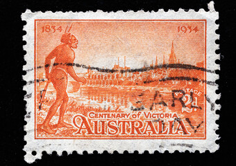 Ukraine, Kiyiv - February 3, 2024.Stamp printed in Australia shows the Yarra Yarra Tribesman, Yarra...