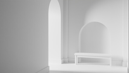 Long bench on the end of hallway with side strong light scene premium photo 3d render