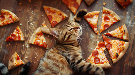 An amusing scene depicts a cat lying amidst pieces of pizza, showcasing a humorous and playful moment. The cat appears content amidst the delicious slices, creating a whimsical atmosphere.