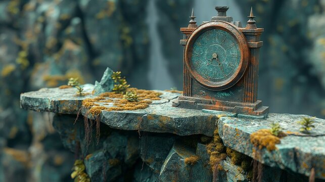 old rusty clock on the rock covered in moss. 