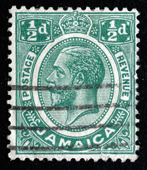 Ukraine, Kiyiv - February 3, 2024.postage stamp depicting portrait of King George V 1900.He was King of the United Kingdom. Jamaica is an island country situated in the Caribbean Sea. Philately.