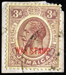 Ukraine, Kiyiv - February 3, 2024.postage stamp depicting portrait of King George V 1900.He was King of the United Kingdom. Jamaica is an island country situated in the Caribbean Sea. Philately.