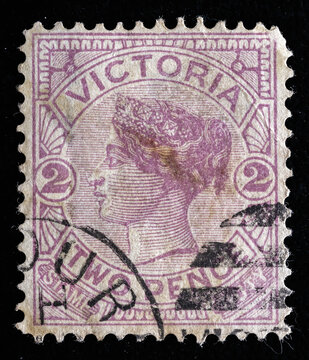 Ukraine, Kiyiv - February 3, 2024.postage stamp depicting portrait of Queen Victoria 1880. Victoria is a state in the southeast of Australia with the capital in Melbourne.Philately.