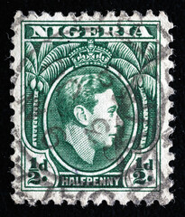 Ukraine, Kiyiv - February 3, 2024.Postage stamps from Nigeria. A stamp printed in Nigeria, shows a portrait of King George VI, circa 1946