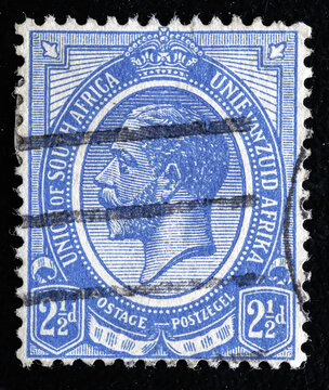 Ukraine, Kiyiv - February 3, 2024.Postage stamps from South Africa.Postage stamp printed in South Africa shows King George V, serie, circa 1913.Philately.