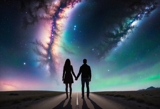 couple standing uder a beautiful dreamy, galactic sky, holding hands