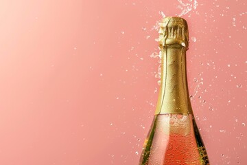 Bottle of champagne or bottle with golden neck opening and spilling out bubbles isolated on pink background, copy space concept for celebration day. National Bubbly Day.