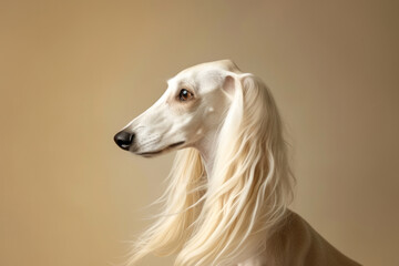 Studio portrait of a white saluki dog on a beige empty background with space for text or inscriptions
