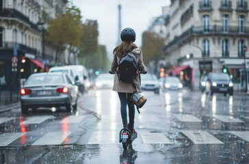 Obraz premium Young beautiful girl riding an electric scooter in the summer on the street