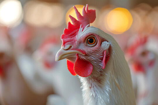 White broiler chicken on a poultry farm close up in front of the camera

