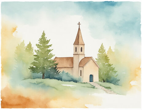 Serene Watercolor Church in Forest
