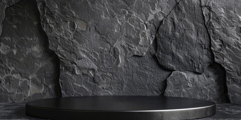 Black podium on a dark stone background for the presentation various products