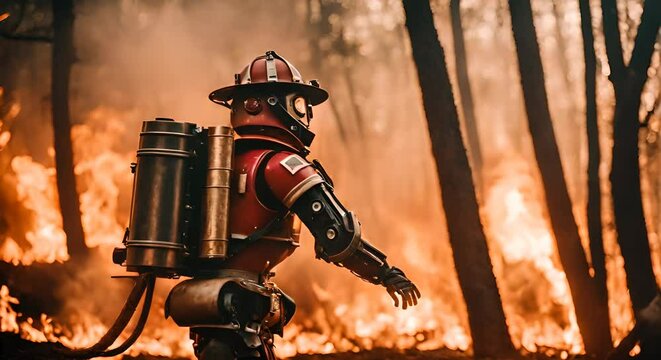 Firefighter robot in a fire.