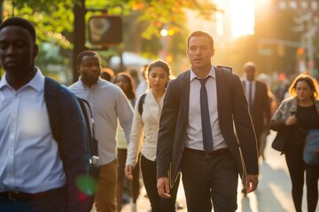 Group of professionals from various ethnic backgrounds walking in a city at sunset