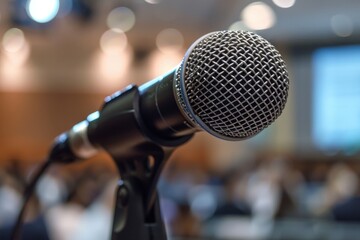 Closeup of microphone on a stand in a conference room, with a blurred background of people at a business or educational event.