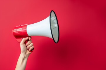 A hand holding a megaphone on a red background with copy space for text or message, concept of being loud and powerful marketing advertising publicising promotion in the style of marketing.
