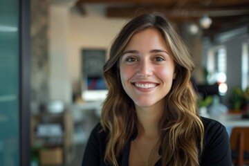 Portrait of happy young woman in office, smiling at camera.