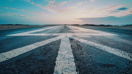 Asphalt road at sunset with white marking on the road, travel concept