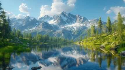 Fototapeta na wymiar A high altitude alpine lake reflecting towering mountain peaks. AI generate illustration