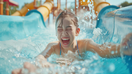 Portrait of girl slide down a slide in a water park. She is happy and joyful, full of energy. 