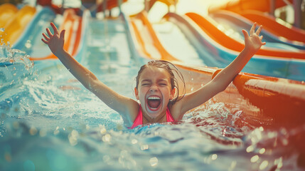 Portrait of girl slide down a slide in a water park. She is happy and joyful, full of energy. 