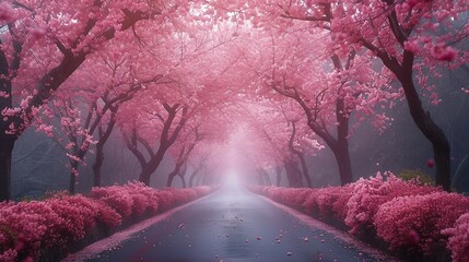 An avenue lined with cherry blossom trees in full bloom. AI generate illustration