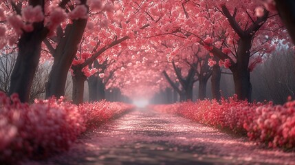 A pathway lined with cherry blossoms, creating an aesthetic and romantic atmosphere. AI generate illustration