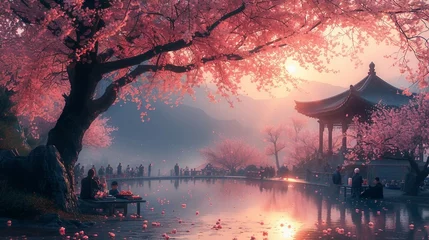 Tuinposter Cherry blossom the blooming trees. AI generate illustration © PandaStockArt