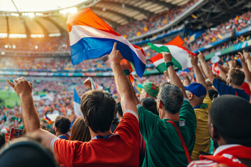 Energetic sports fans waving national flags in a vibrant stadium during a live match