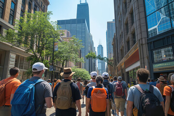 Obraz premium Diverse group of people strolling through a bustling city center, surrounded by modern architecture and clear skies