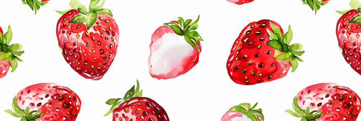 Seamless white and red strawberry pattern on pure white background, hand painted, watercolor. Generative AI