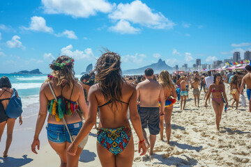 Experience the lively and energetic atmosphere of a beach music festival along the sunny coast, where holidaymakers and goers revel in the summer leisure, outdoor vacation, and vibrant youth culture