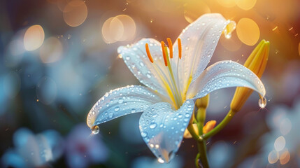 Obraz na płótnie Canvas White Lily Flower with Morning Dew