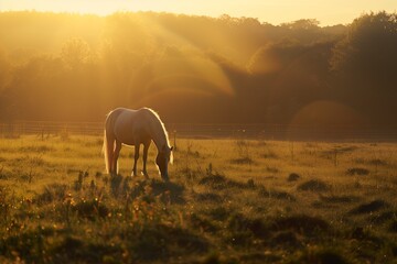 A brown horse with its head down, grazing in the soft light of sunset on an open field. Featuring photorealistic landscapes in the style of golden hour lighting, lens flare, detailed foliage