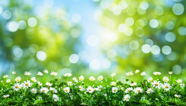 Blurred sunny spring meadow with blue sky gradient and defocused bokeh background