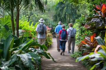 Group of people enjoys a guided walk among the lush greenery and vibrant flora of a botanical garden